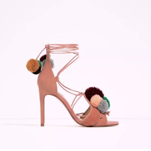 ZARA Suede Leather High Heel Lace Up Sandals With Pompoms - Picture 2 of 6